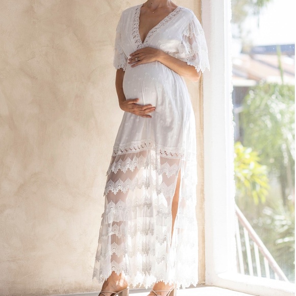Angel Maternity Dresses & Skirts - White Lace Maxi Maternity Dress - Elegant Sheer Panel Gown